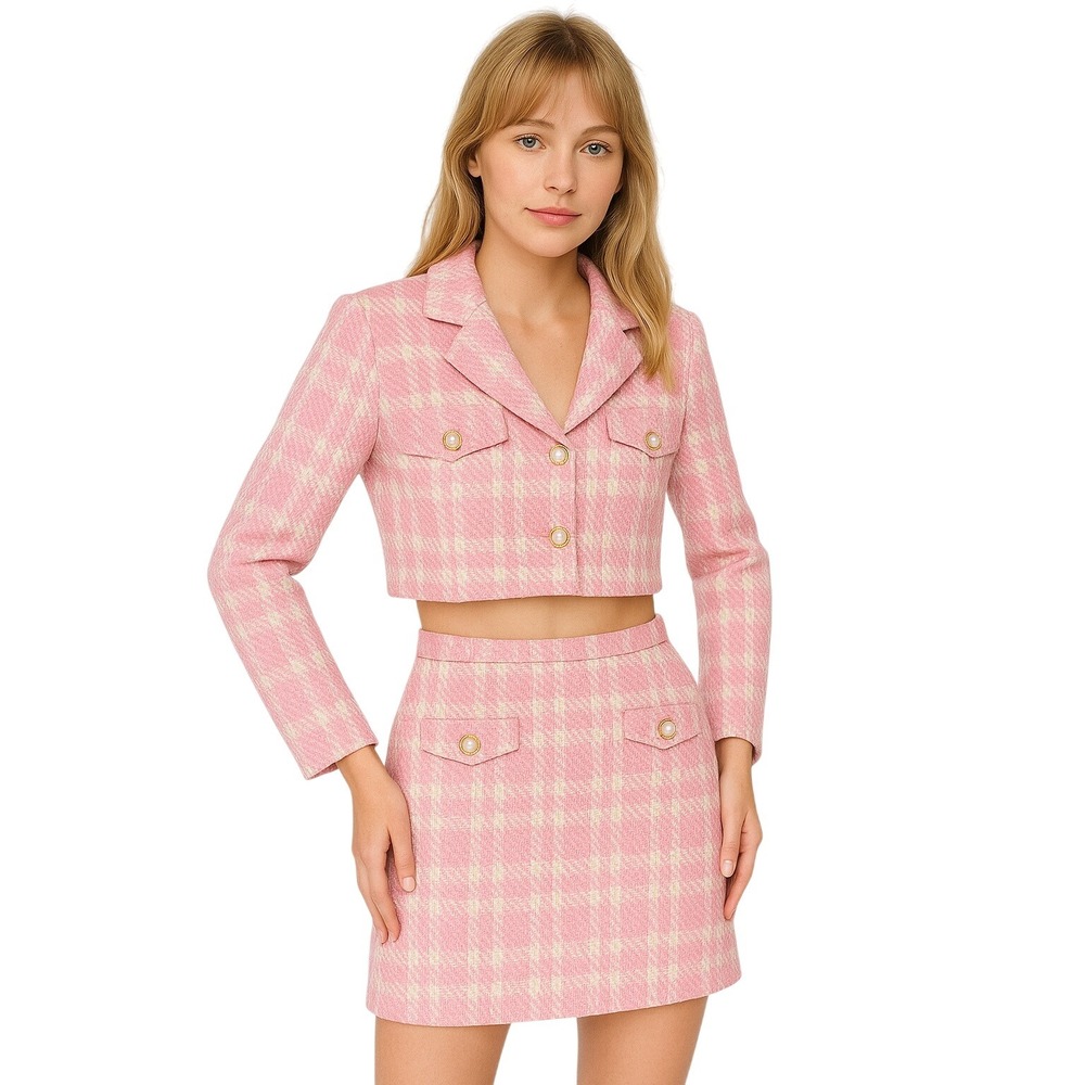 Vogue Vibes Inspired Pink Plaid Cropped Blazer Skirt Set‎ Womens Two Piece Set